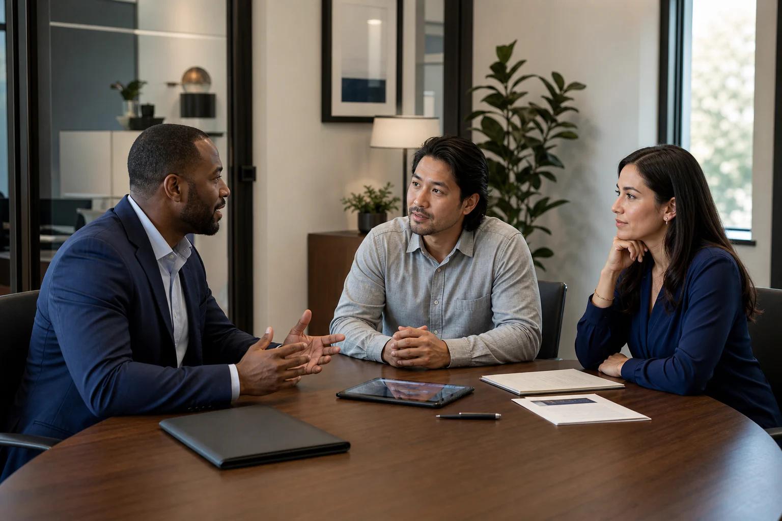 An advisor meeting with small-business owners in their workplace