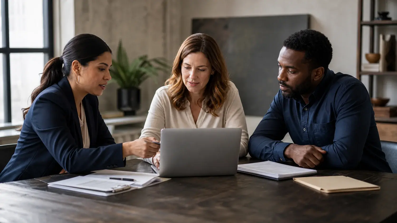 Accounting professional reviewing payroll records with a business owner