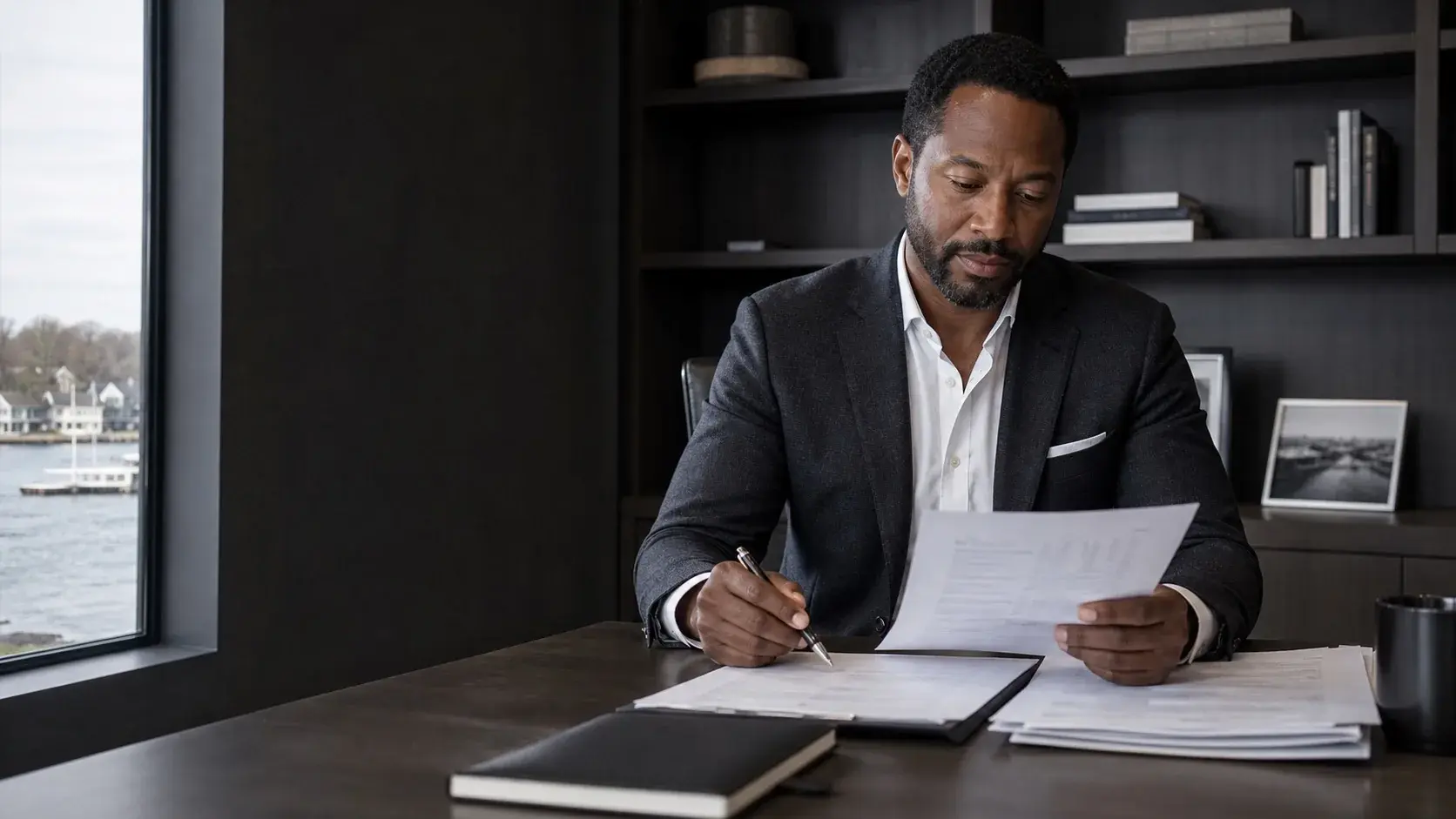 Tax professional reviewing documents in a waterfront office